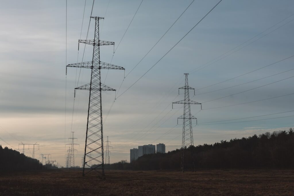 State Grid Jiangsu Powers Global Business Growth Power lines stretch across a field towards distant buildings.