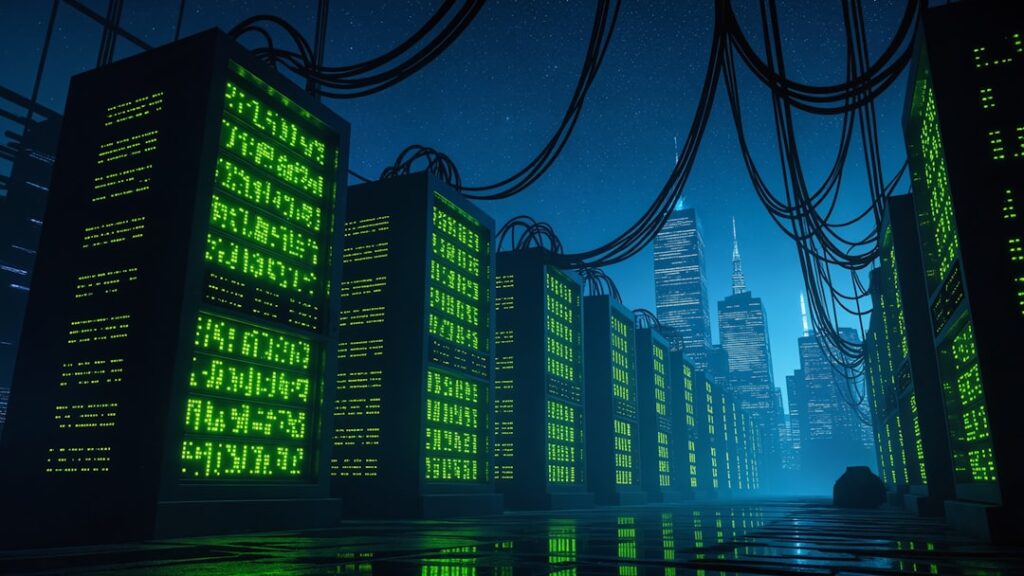 Hyperscale Data Surges on Defense Sector Demand Servers illuminate a futuristic cityscape with a data center.