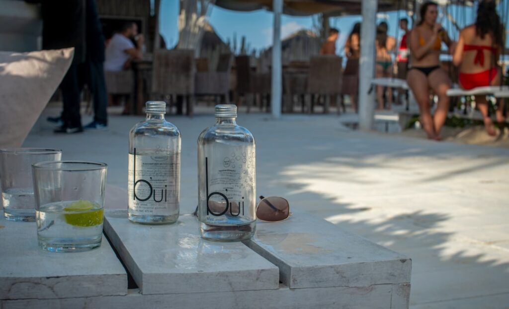 Gray Whale Vodka Launch: Ocean-Inspired Spirit Meets Conservation Two bottles of water on a table at beach club