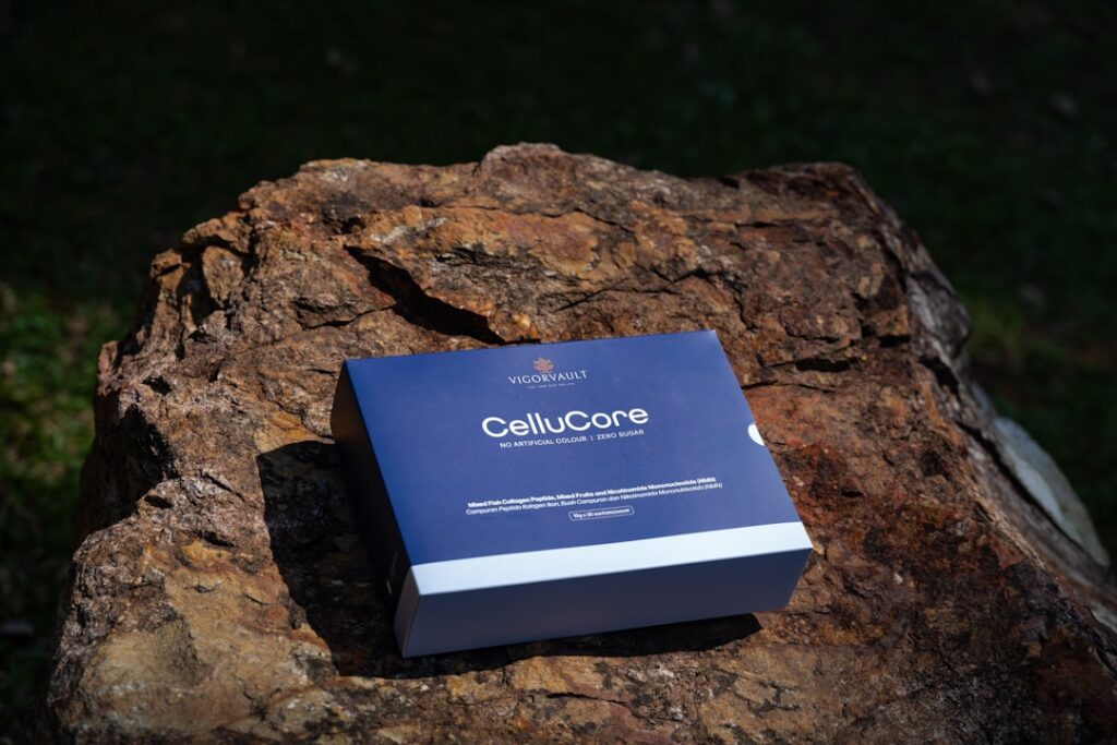 Gundry MD Phyto Collagen Complex Gains Customer Praise Cellucore box rests on a textured rock.