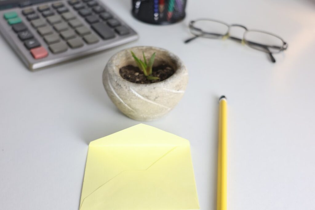 Small Business Accounting Services: A Complete Guide Desk with calculator, plant, glasses, and pencil.
