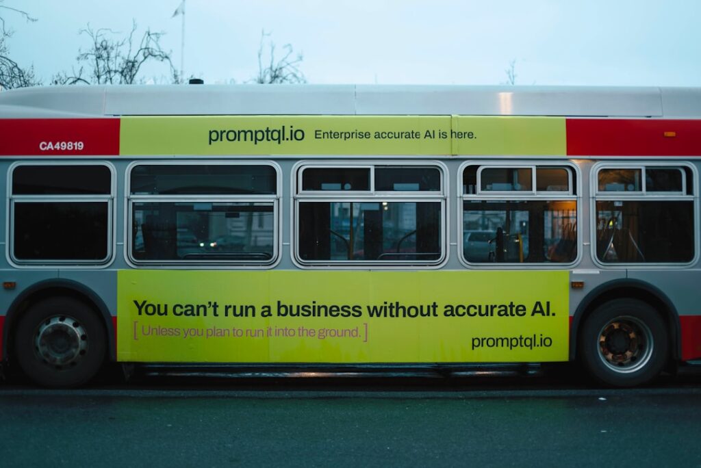 Is Your AI Strategy Creating Value or Risk? Bus with advertisement for prompt.io about accurate ai.